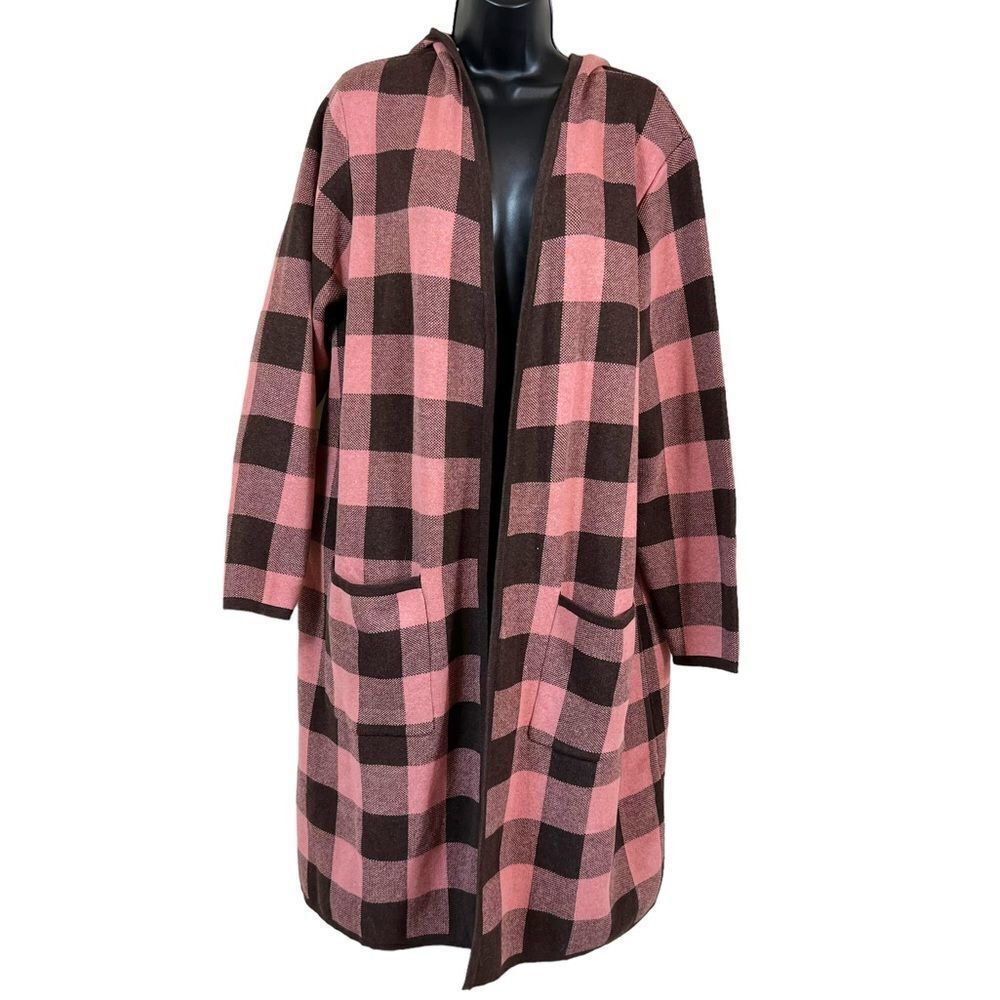 D&CO. HOODED OPEN FRONT BROWN AND PINK BUFFALO PLAID CARDIGAN DUSTER